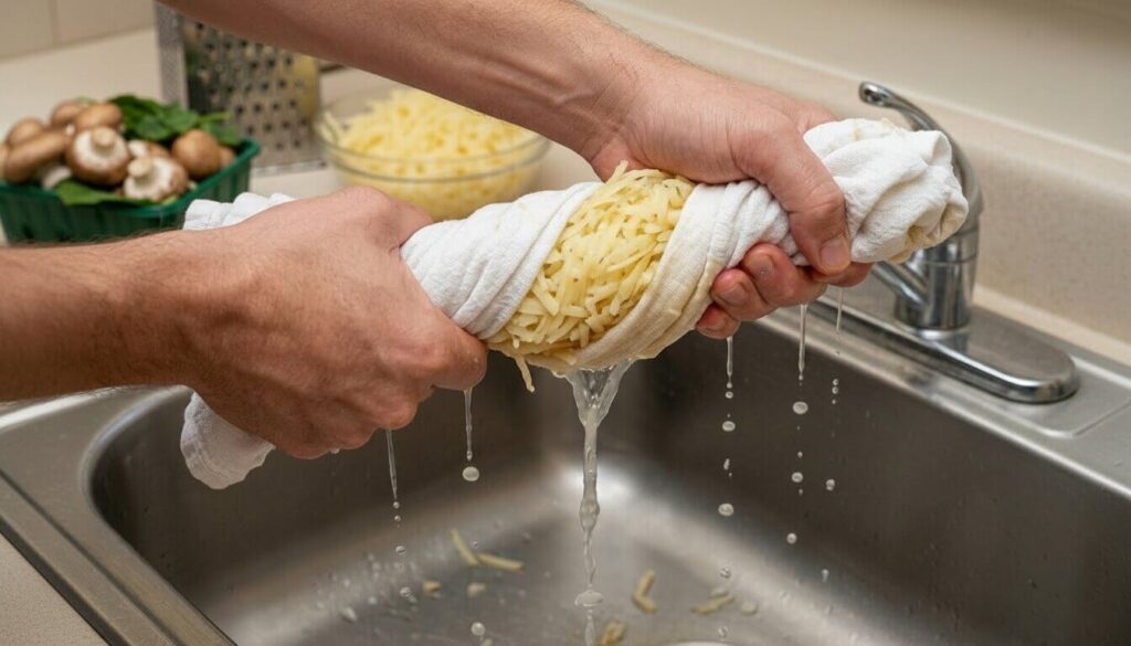 Squeezing water from grated potatoes for a crispy crust.