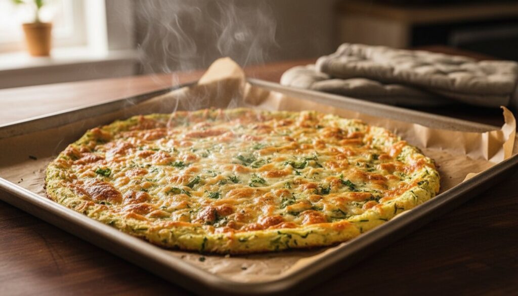 Freshly baked cheesy zucchini bread crust on a baking sheet.