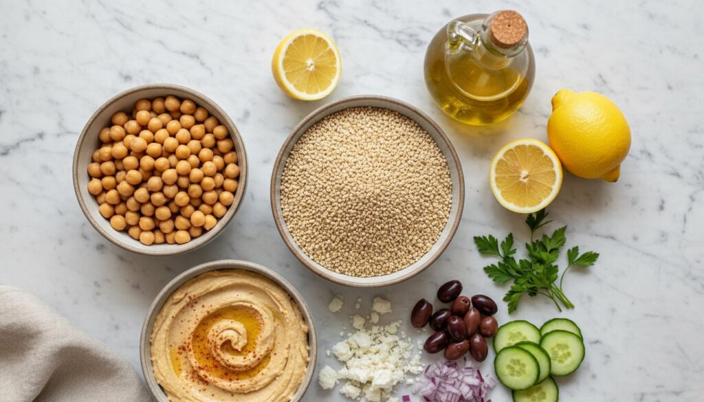 Fresh ingredients for an easy Mediterranean bowl recipe spread on a counter.