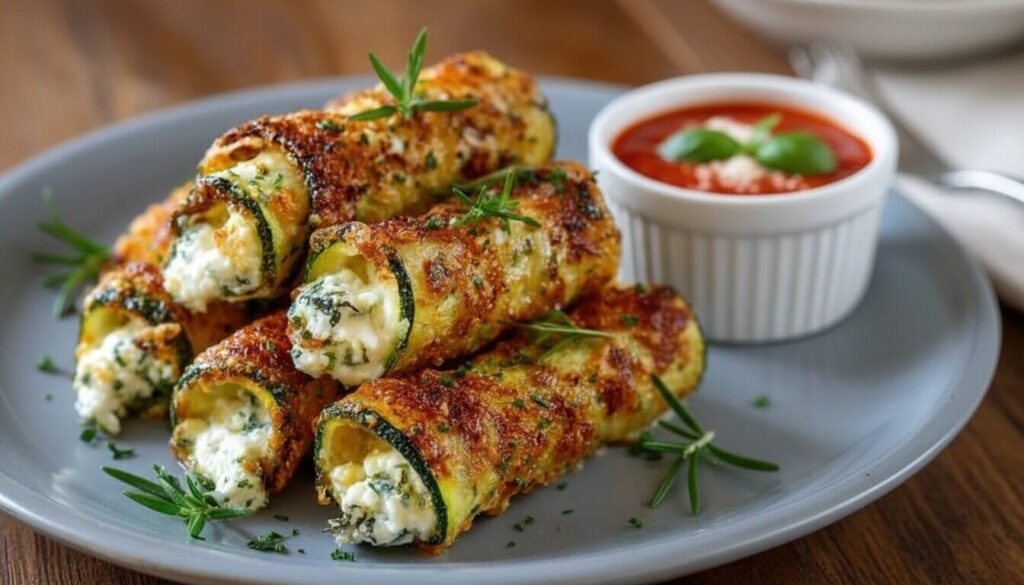 Finished Crispy Ricotta Zucchini Rolls served with marinara.