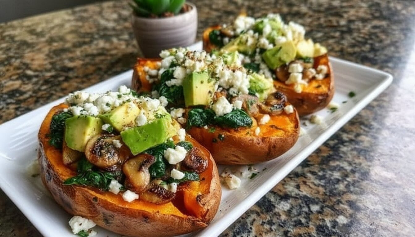 Mediterranean veggie-stuffed sweet potatoes with spinach and feta