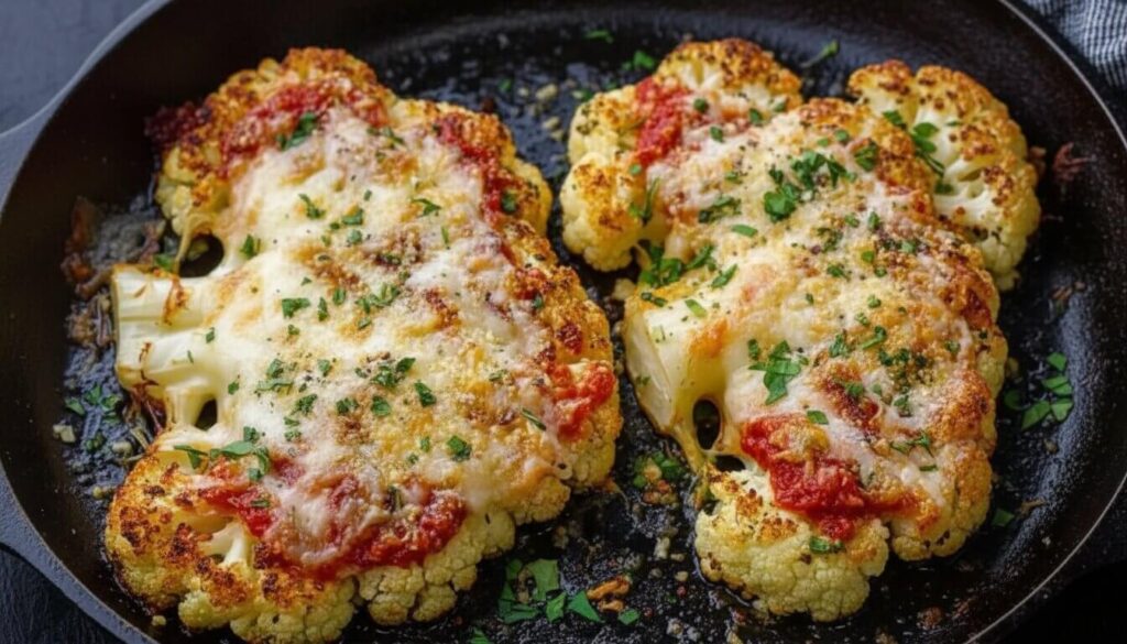 Bubbling melted mozzarella on a Mediterranean cauliflower steak.