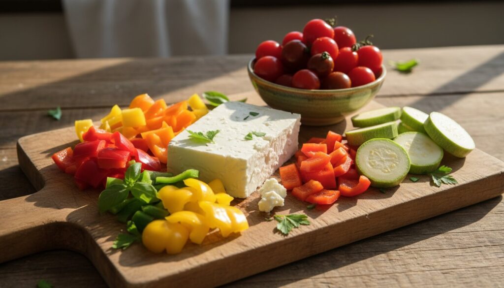 Ingredients for Mediterranean feta vegetable bake.