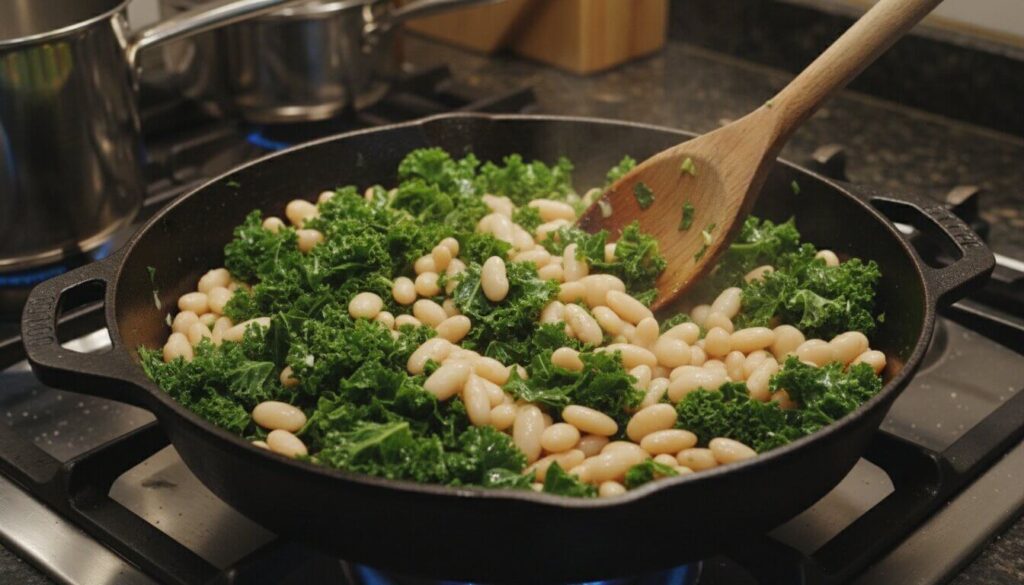 Stirring fresh kale and cannellini beans into a tomato base.