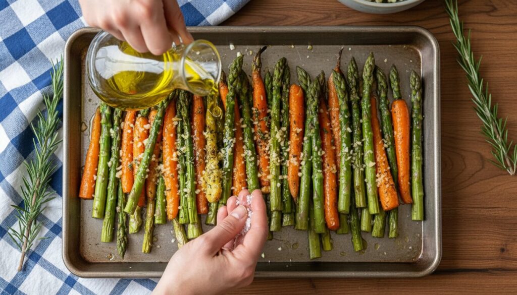 Drizzling olive oil over raw asparagus and carrots on a baking sheet.