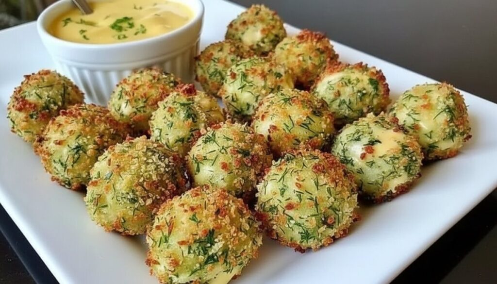 A platter of crispy baked broccoli cheese balls with tzatziki dipping sauce.