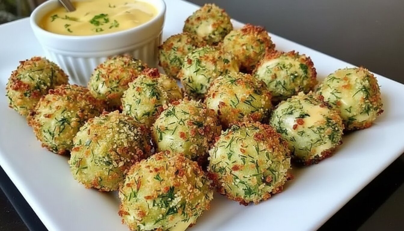 A platter of crispy baked broccoli cheese balls with tzatziki dipping sauce.