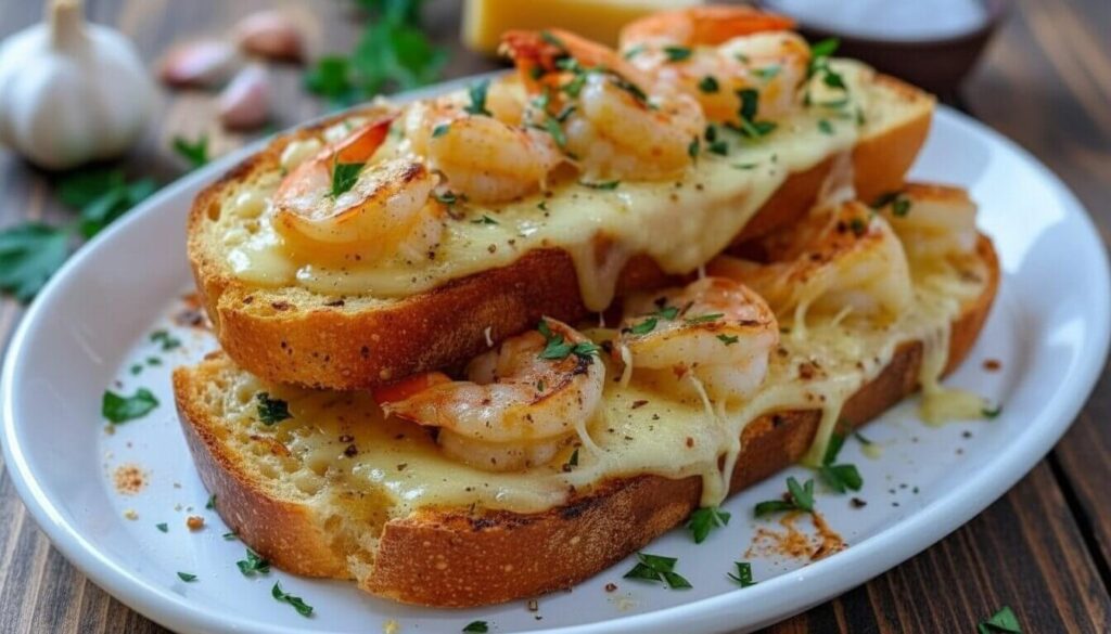 Finished Cheesy Garlic Bread Shrimp Grilled Cheese cut diagonally.