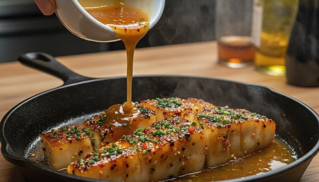 Pouring honey-lime glaze over seared white fish in a skillet.