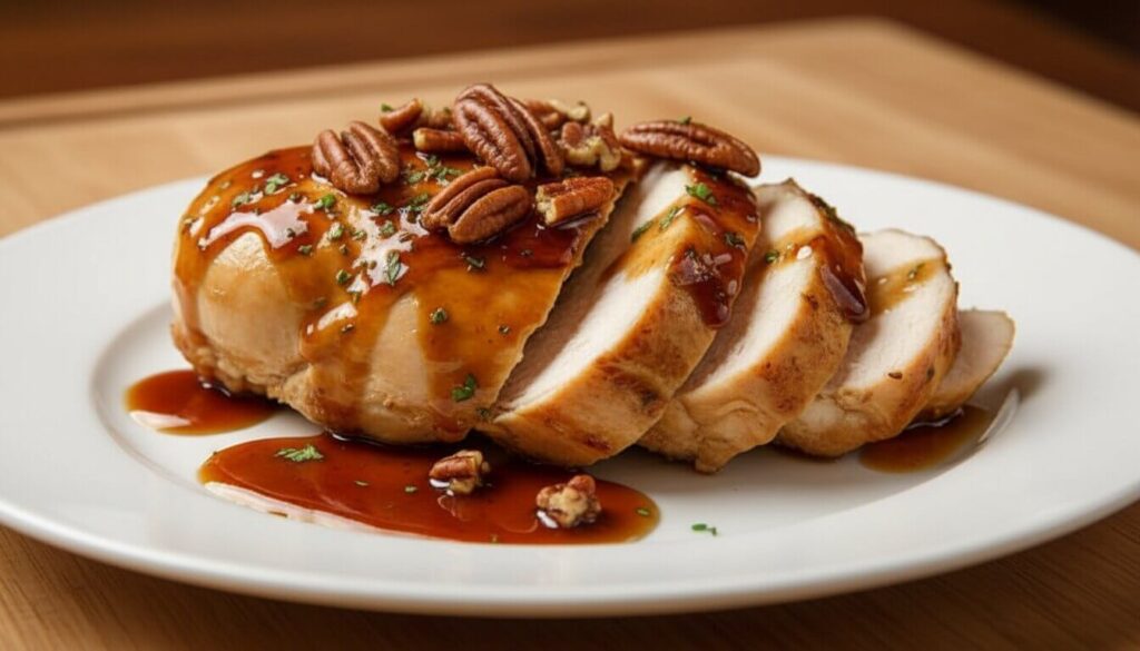 Sliced baked chicken with cranberry glaze and pecans
