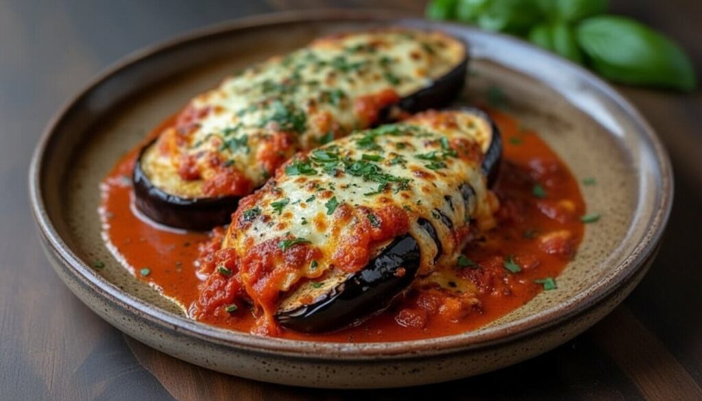 finished Stuffed Eggplant Parmesan Boats with melted cheese and fresh basil.