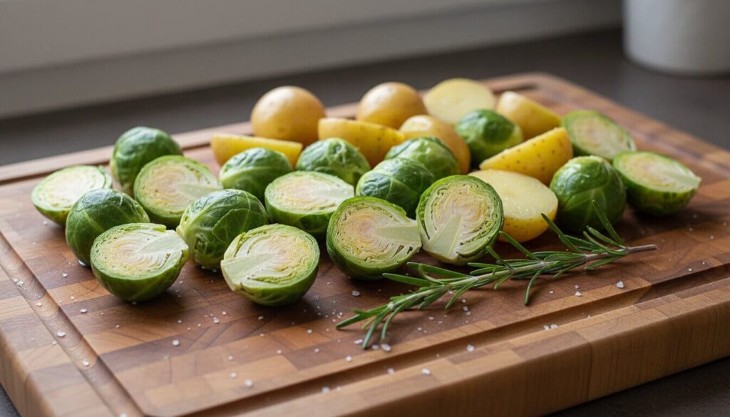 Fresh ingredients for roasted Brussels sprouts and potatoes recipe.