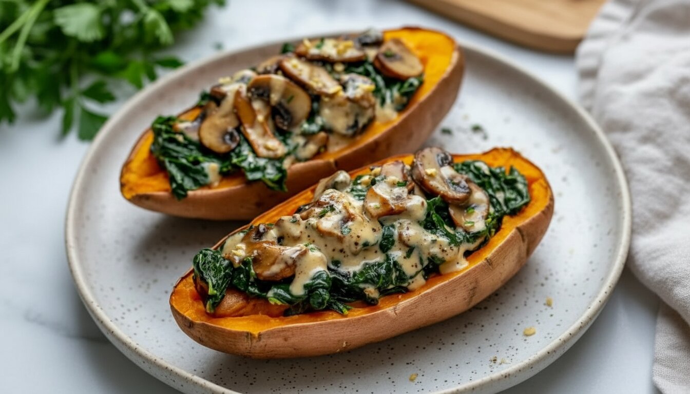 Mediterranean Mushroom and Spinach Stuffed Sweet Potatoes topped with feta cheese