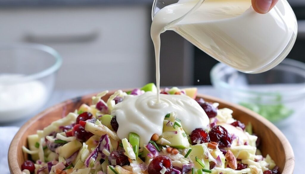 Pouring no mayo apple coleslaw dressing over shredded vegetables.
