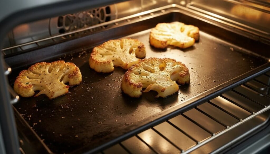 Crispy baked cauliflower steaks on a baking sheet in the oven.