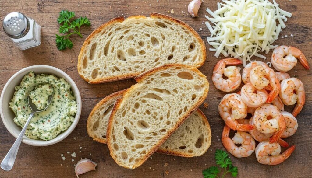 Ingredients for Cheesy Garlic Bread Shrimp Grilled Cheese including shrimp and sourdough.
