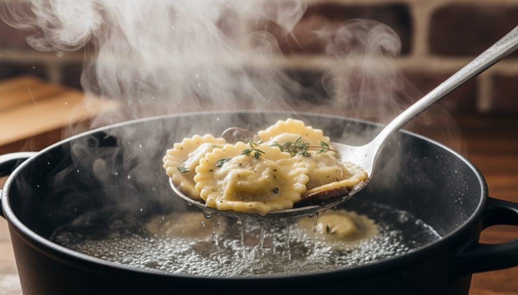 Boiling fresh mushroom ravioli in a pot of salted water.