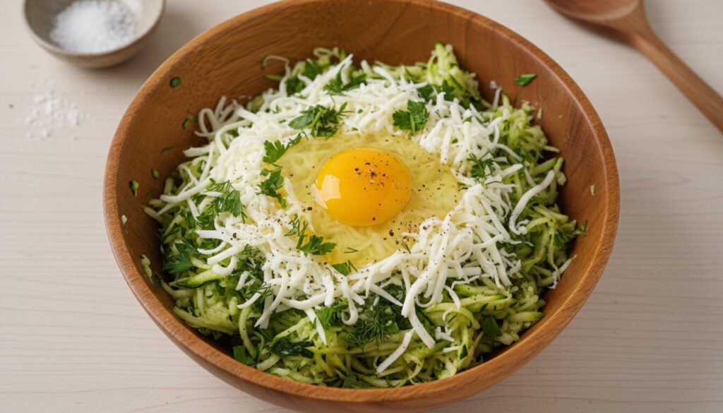 Ingredients for cheesy zucchini breadsticks in a bowl.