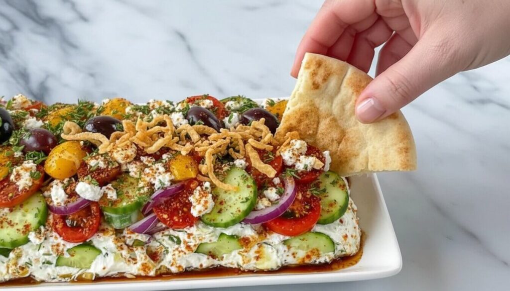 A hand dipping pita bread into a creamy Greek feta board with crispy onions.