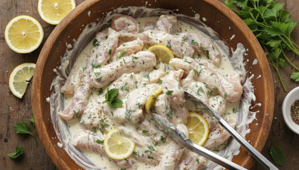 Sizzling chicken strips cooking in a pan for homemade gyros.