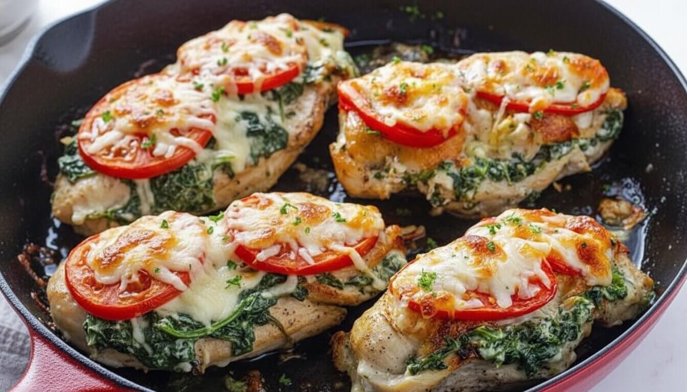 Top-down view of Mediterranean Spinach Stuffed Chicken with Roma Tomatoes in a skillet.