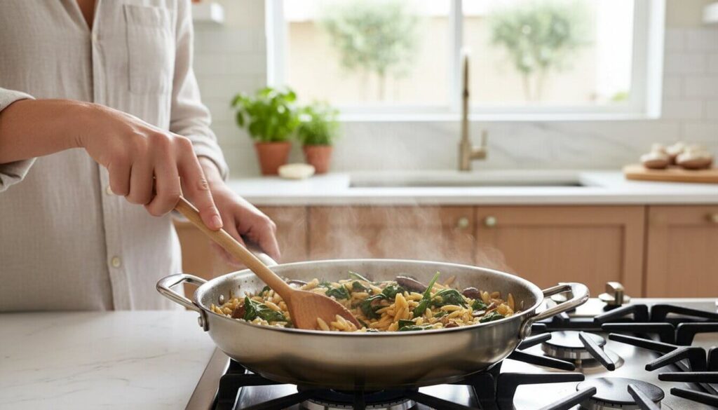 Cooking spinach mushroom orzo in a one-pot skillet on the stove.