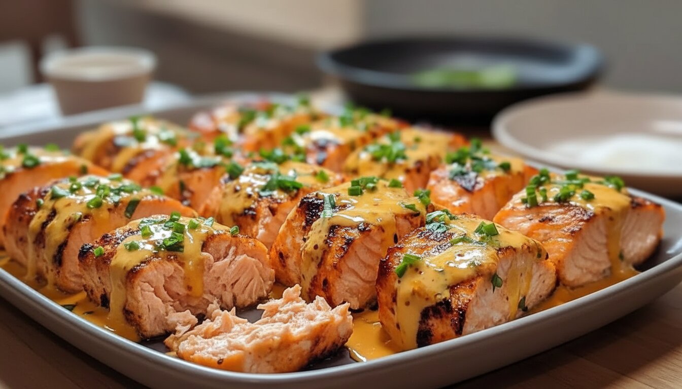 Raw salmon fillets seasoned with paprika and garlic powder on parchment paper.