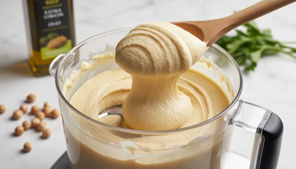 Close up of ultra-smooth creamy hummus being blended.