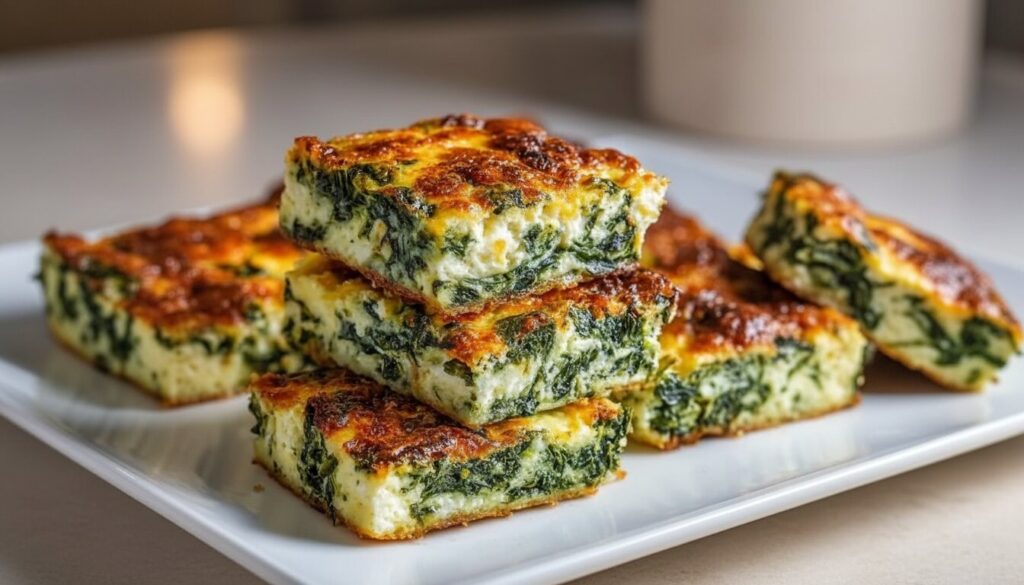 Freshly baked crustless spinach and ricotta quiche in a ceramic baking dish.