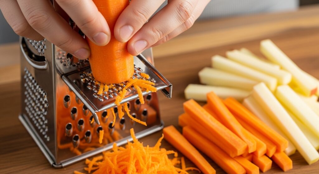 Close up of grating carrots for a raw carrot salad with apple.