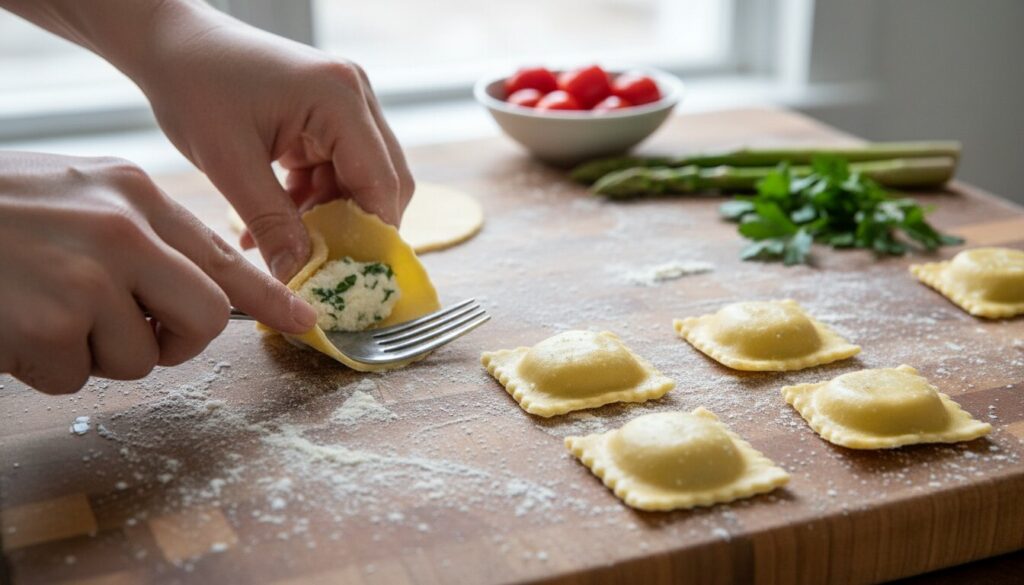 Hand-sealing homemade ravioli with a fork.