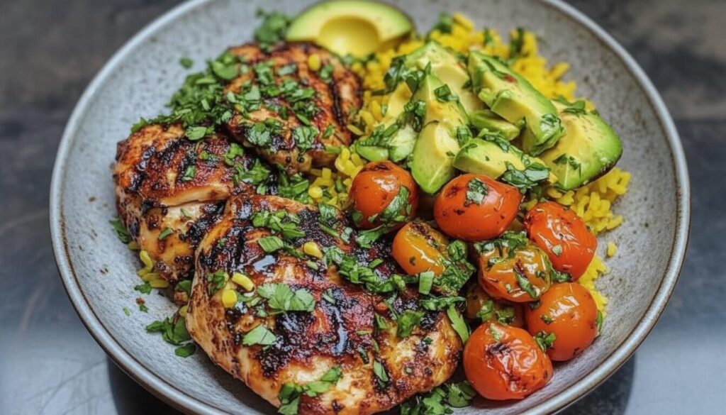 Grilled Chicken Thighs with Avocado Tomato Salad and Saffron Rice in a ceramic bowl.