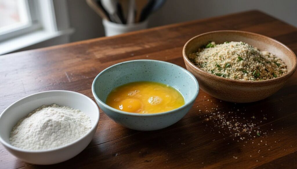 Three-bowl breading station for crispy parmesan zucchini recipe.