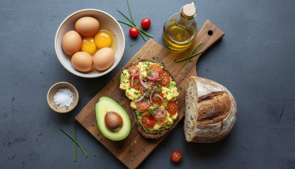 Ingredients for simple avocado toast with egg.