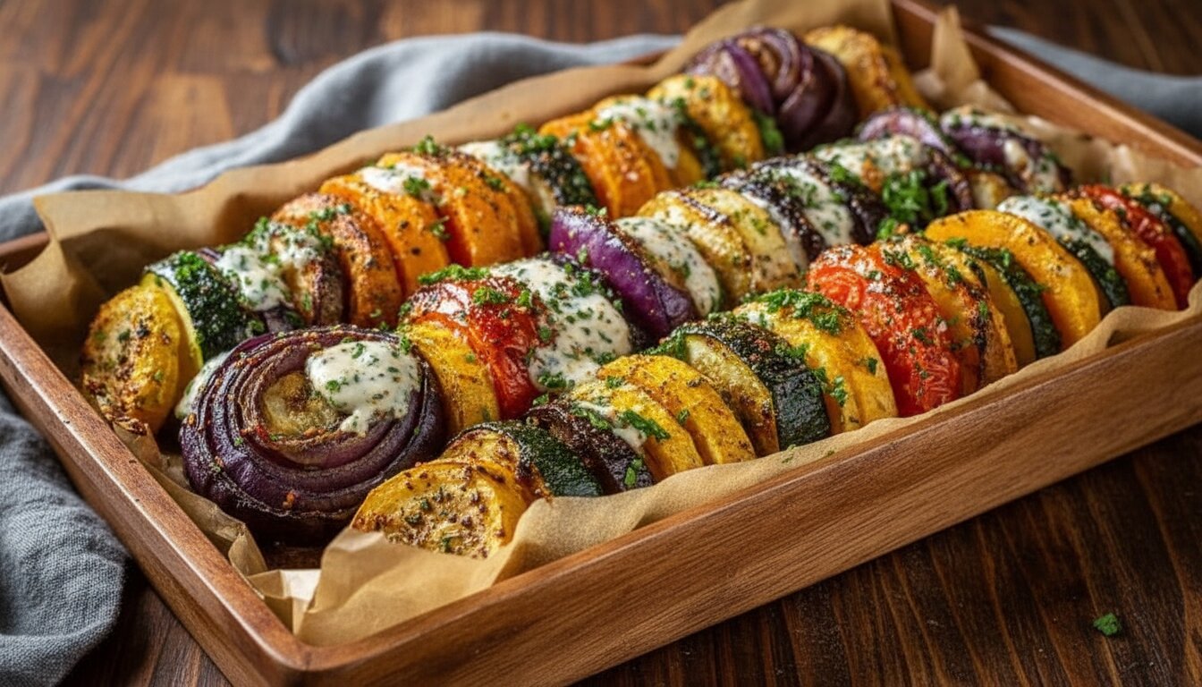 french vegetable tian recipe baked in a rustic clay dish with fresh herbs