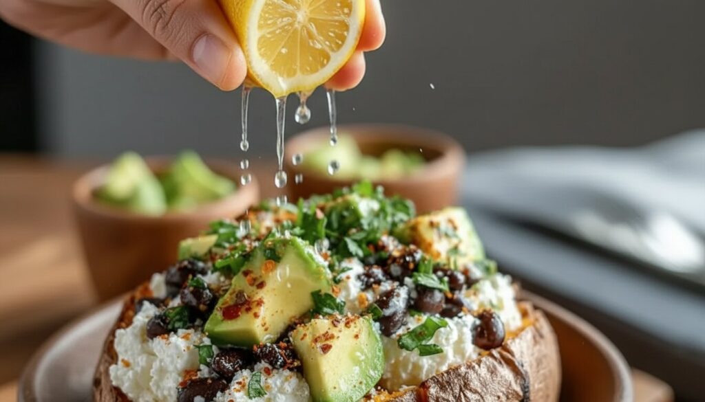 An action shot of a hand squeezing a fresh lemon wedge over a loaded sweet potato, juice droplets caught in motion, high shutter speed.