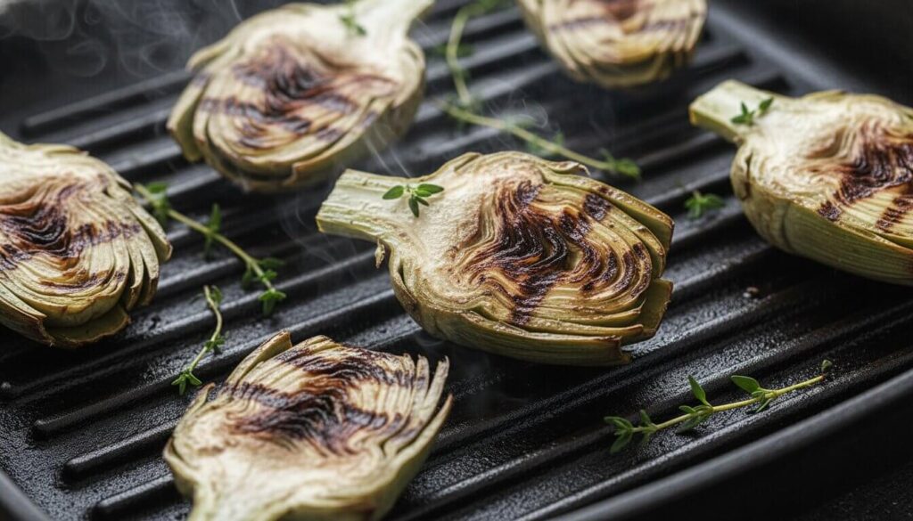 Charring artichoke hearts on a stovetop grill pan for Mediterranean appetizer.