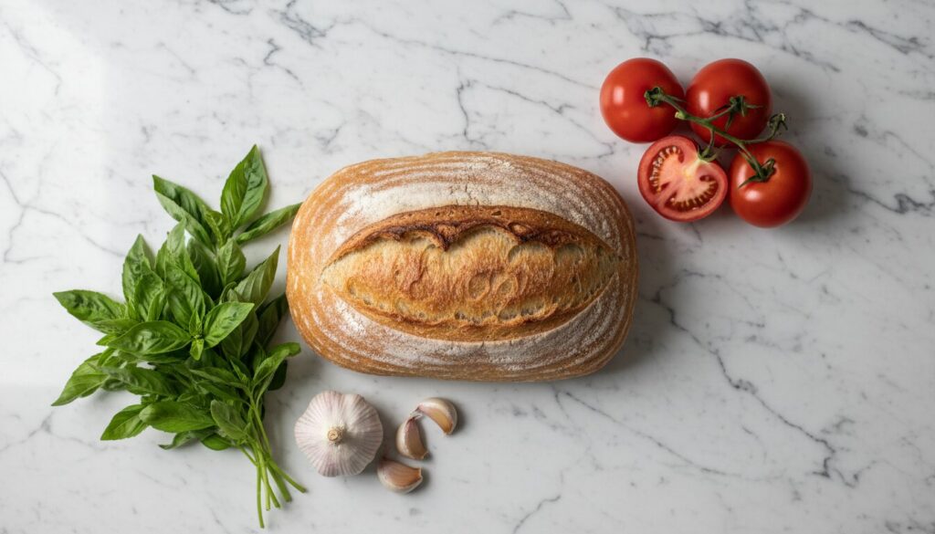 Ingredients for a healthy garlic bread recipe with tomatoes and basil.