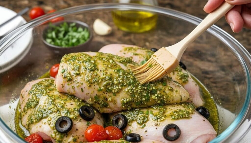 Seasoning raw chicken thighs with garlic and Mediterranean herbs.