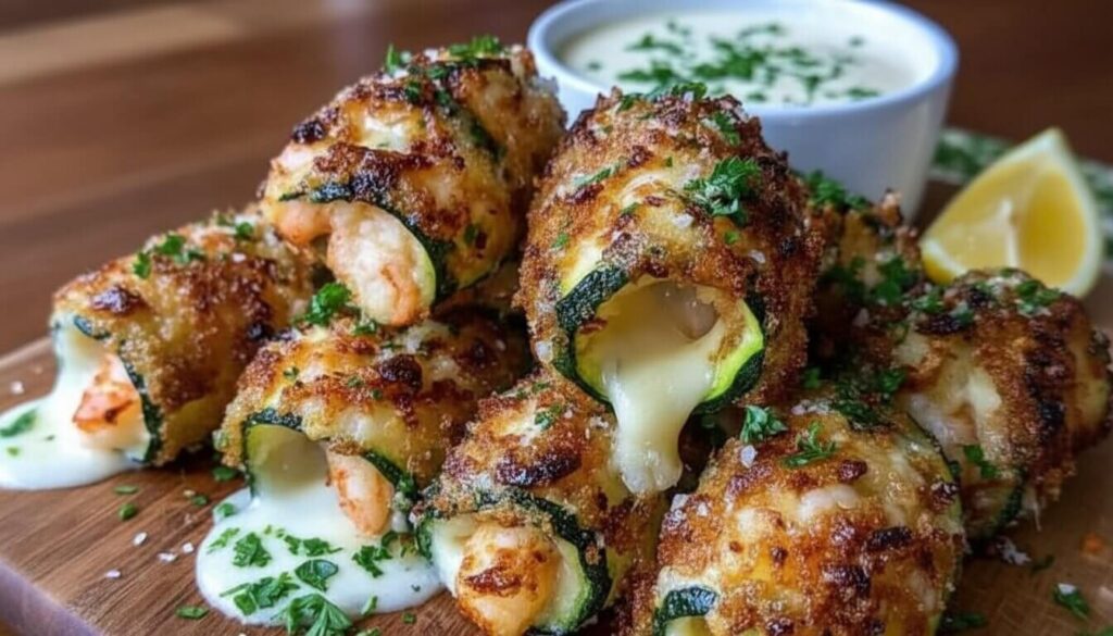 Crispy zucchini wrapped shrimp bites with melted cheese pull on a wooden board.