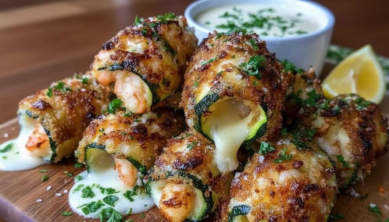 Crispy zucchini wrapped shrimp bites with melted cheese pull on a wooden board.