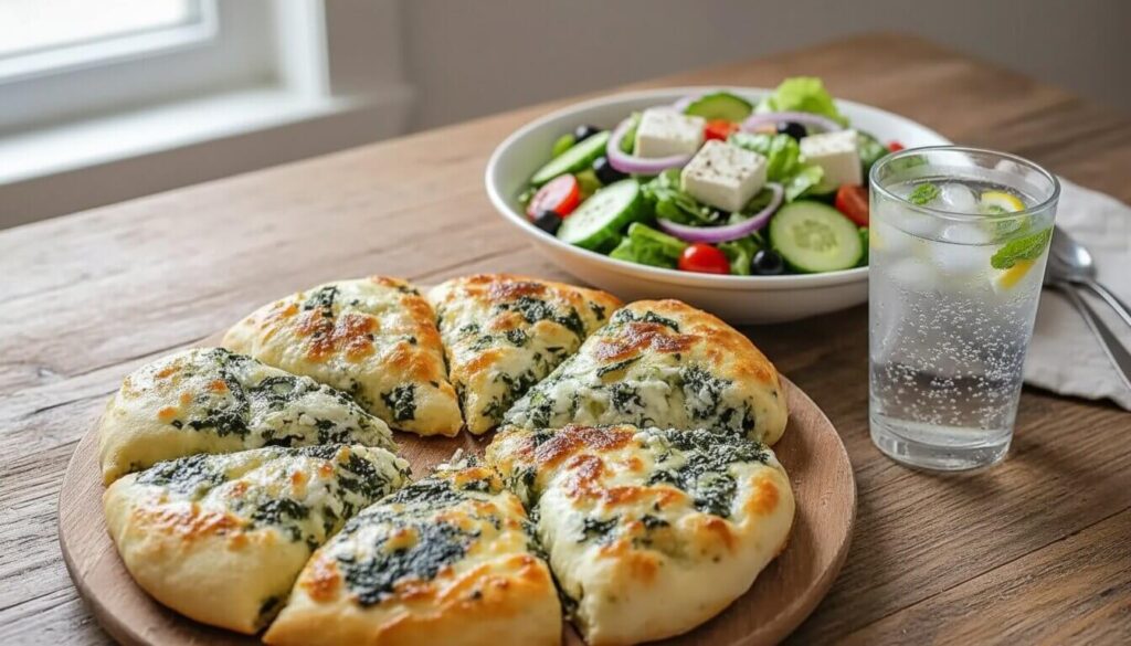Spinach and Ricotta White Pizza served as part of a Mediterranean meal.