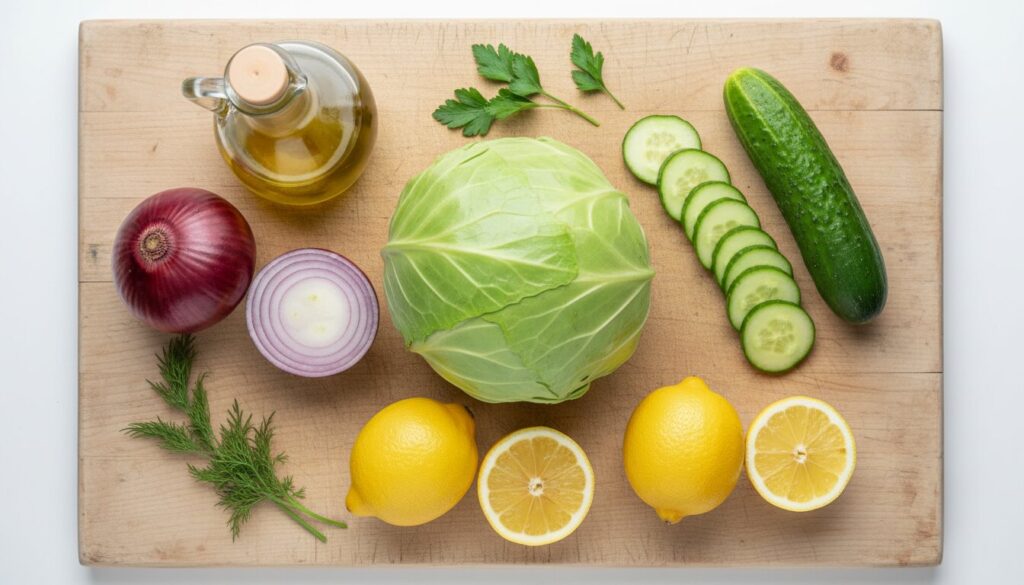 Raw ingredients for cabbage cucumber salad including green cabbage, cucumber, and lemon.