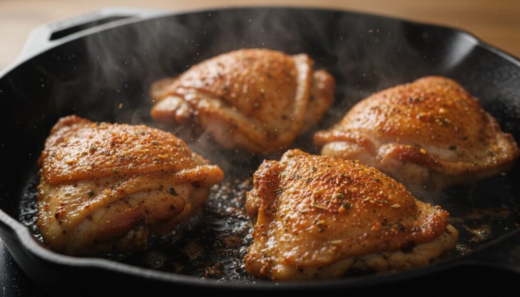 Searing chicken thighs skin-side down in a cast iron skillet.