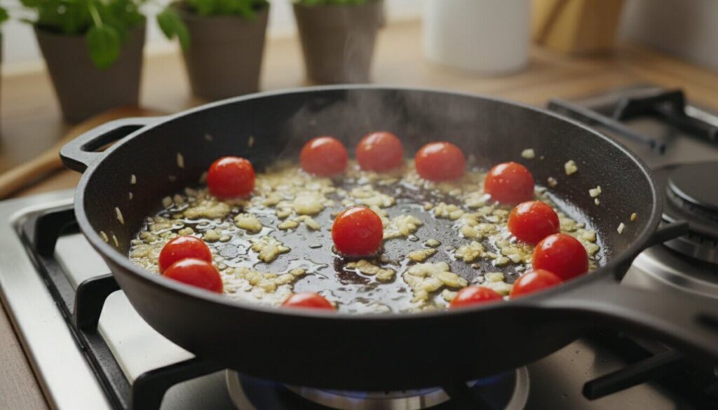 Sautéing garlic, onions, and cherry tomatoes in a pan for a bean bake.