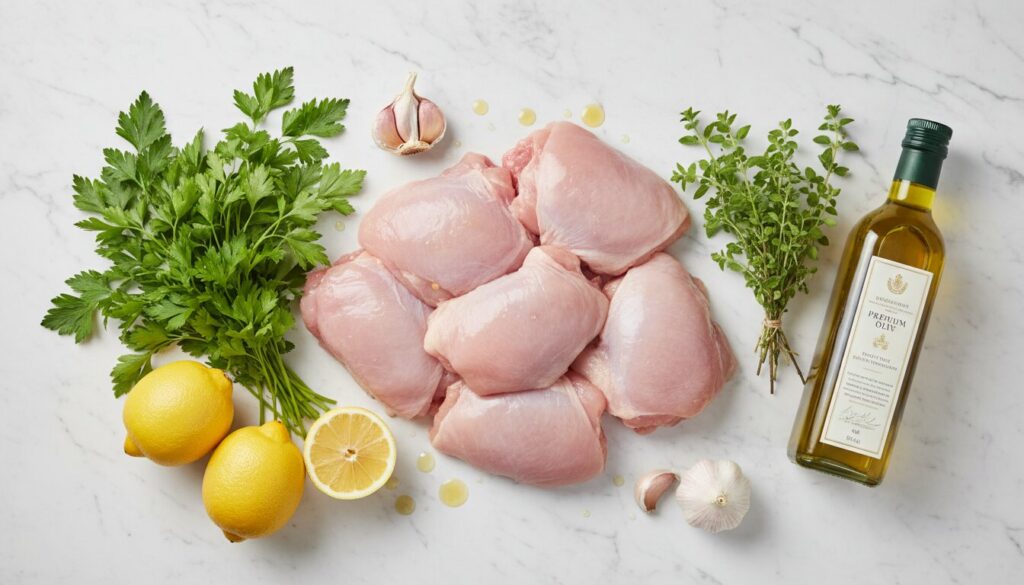 Ingredients for Mediterranean garlic herb chicken marinade including garlic, lemon, and olive oil.