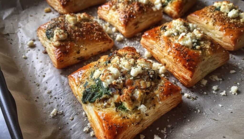 Top-down view of golden flaky spinach and feta puff pastry squares.