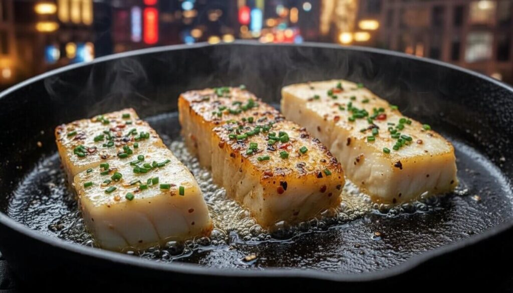 Close-up of white fish fillets searing in a hot pan to create a golden crust.
