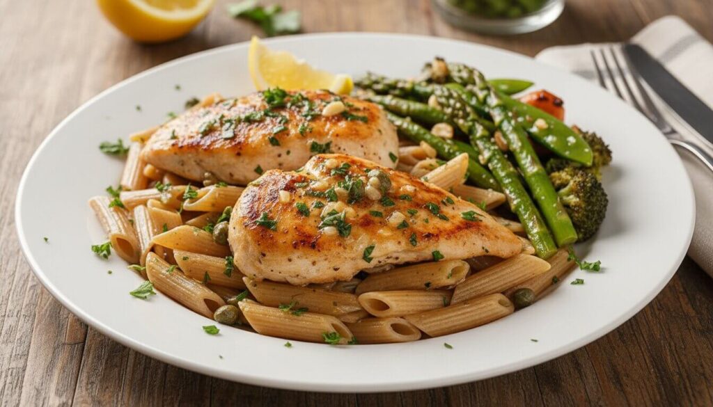 Mediterranean Chicken Piccata served with pasta