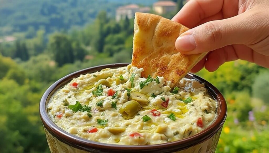 Pita bread dipping into feta and olive spread.